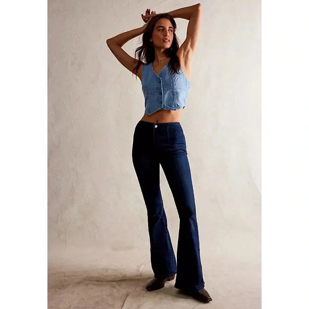 NWT Free People Tie Back Flare Jeans Dark Blue 29